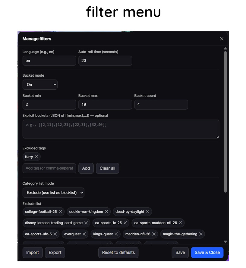 Twitch Randomizer filter menu