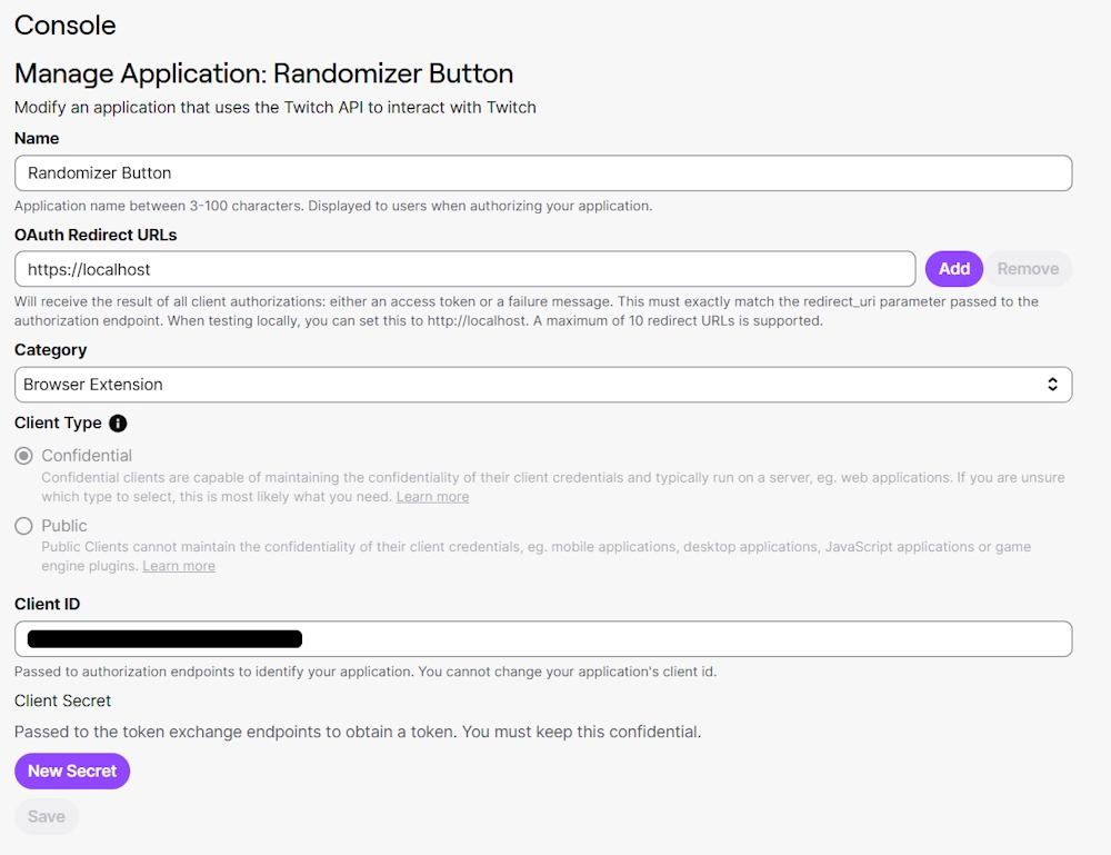 Twitch setup screen